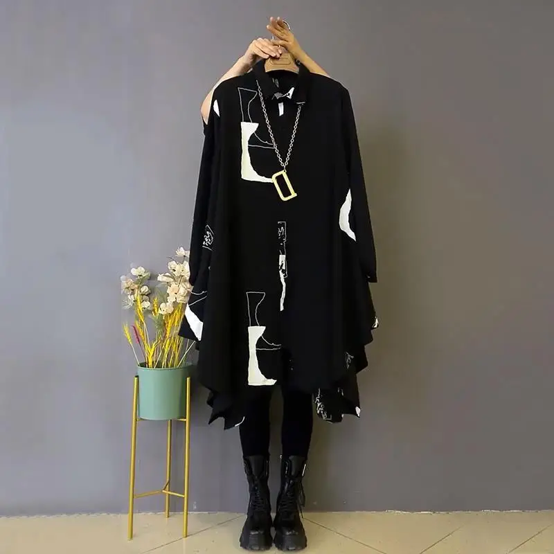 Casual Geometric Printed Loose Shirt Spring Autumn Single-breasted Female Clothing Commute Lapel Fashion Irregular Hem Blouse