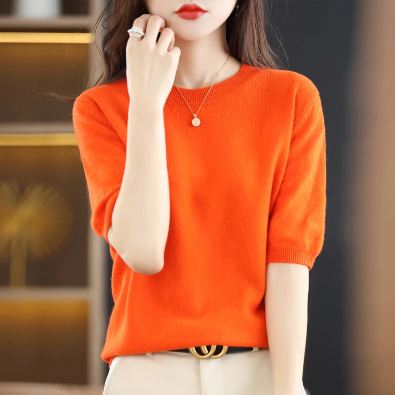 ตัวเลือกสินค้า ฤดูใบไม้ผลิและฤดูร้อนใหม่แขนสั้นผู้หญิง O-คอ Slim Wool Cotton Blend เสื้อกั๊กเสื้อยืดถักเสื้อกันหนาว