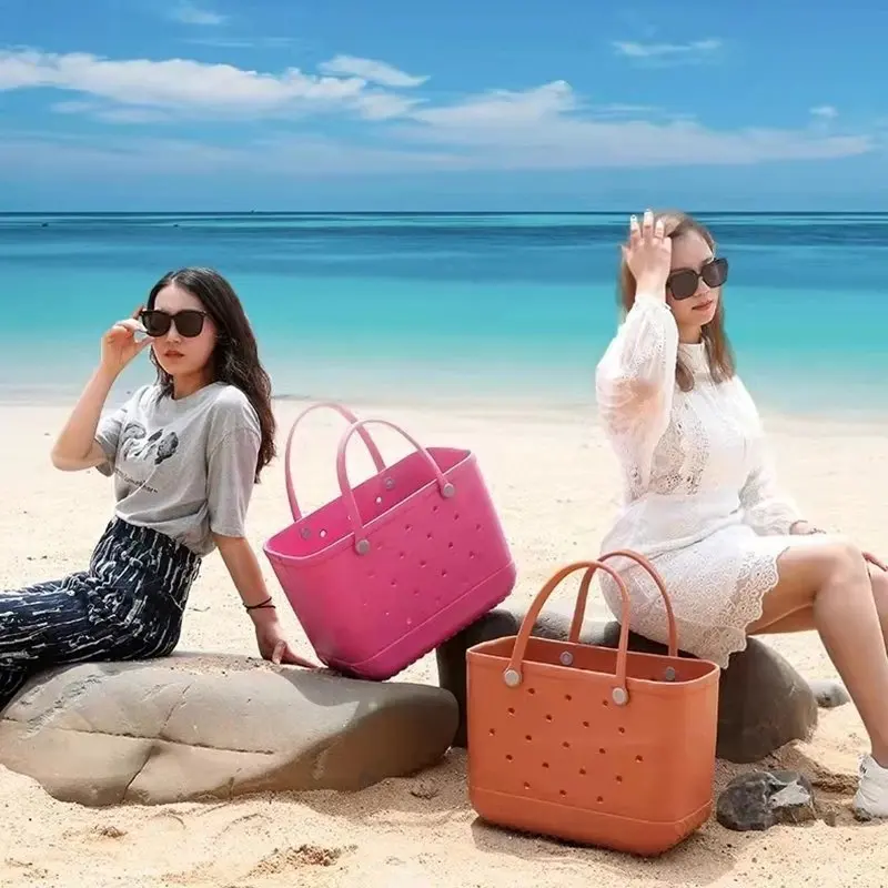 Rubber Beach Bag Waterproof Storage Holes Shoulder Travel Bag Handbags All  -Match Summer Swimming Beach Bag,L, Pink