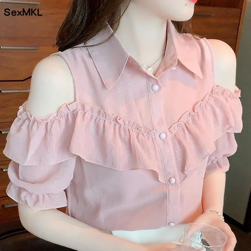Women Off Shoulder Tops Shirts Summer 2024 Korean Fashion Clothes