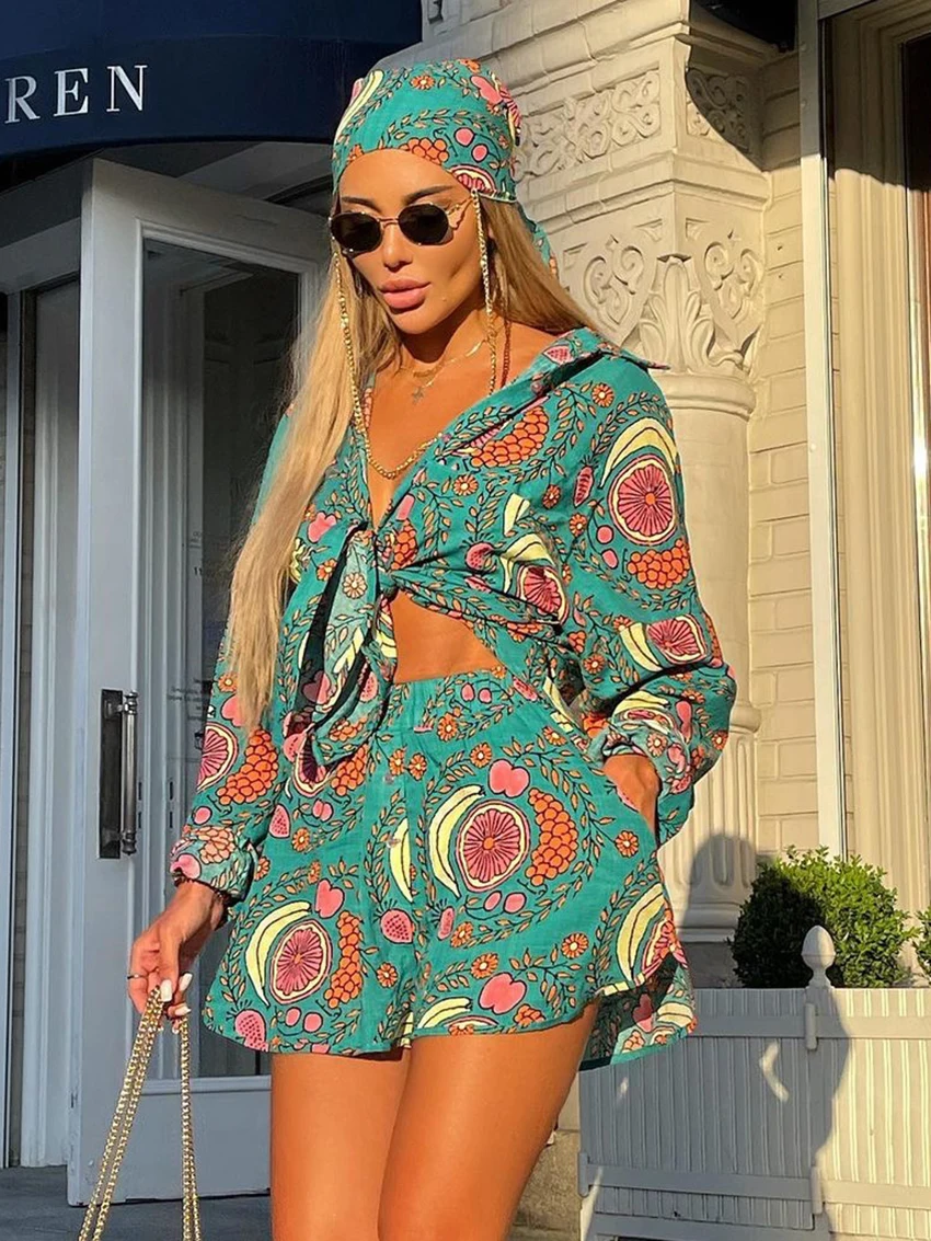 Marthaqiqi Printing Women Sleepwear Set Long Sleeve Pajamas Sexy Turn-Down Collar Nightwear Shorts Casual Ladies Nightgowns Suit