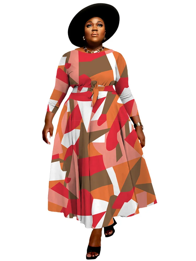 Wmstar Dress Women S-3XL Printed Fashion Long Sleeve Big Hem Fall Clothes New Maxi Dresses Wholesale Dropshipping with Bandage