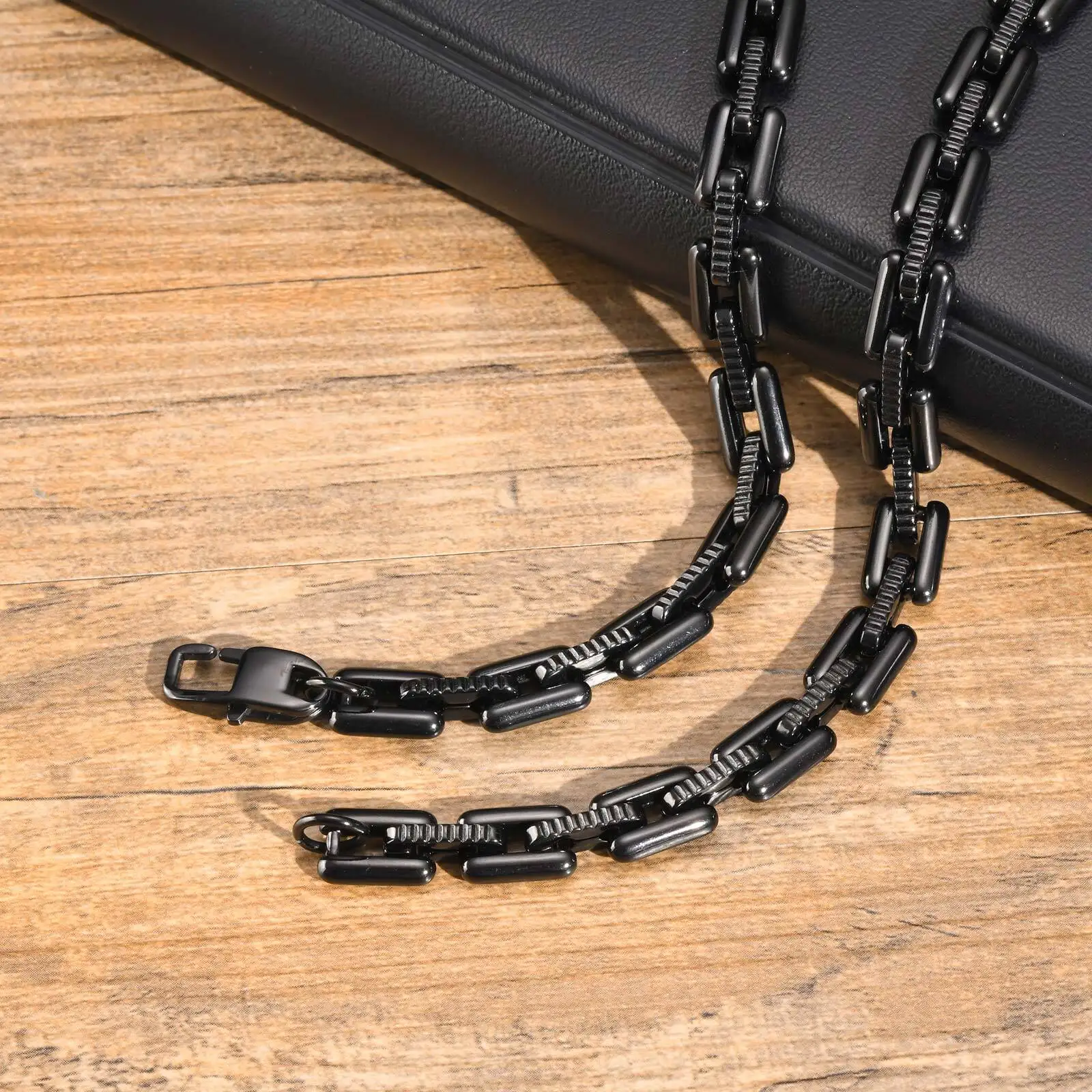 Black Stainless Steel Bracelets for Men Boys,Handmade Rectangle Chain Link Wristband,Stylish Jewelry Gifs for Him