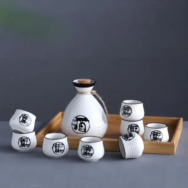 250ml Vintage Ceramic Sake Pot with 6 Cups Set Japanese Cuisine Sake Bottle Spirit Set Shot Glasses
