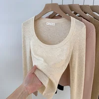 High Quality Slim Fit Long Sleeve U-Neck Knitwear Base Layer Women's Spring Autumn New Style Short Top Elastic Inner Wear
