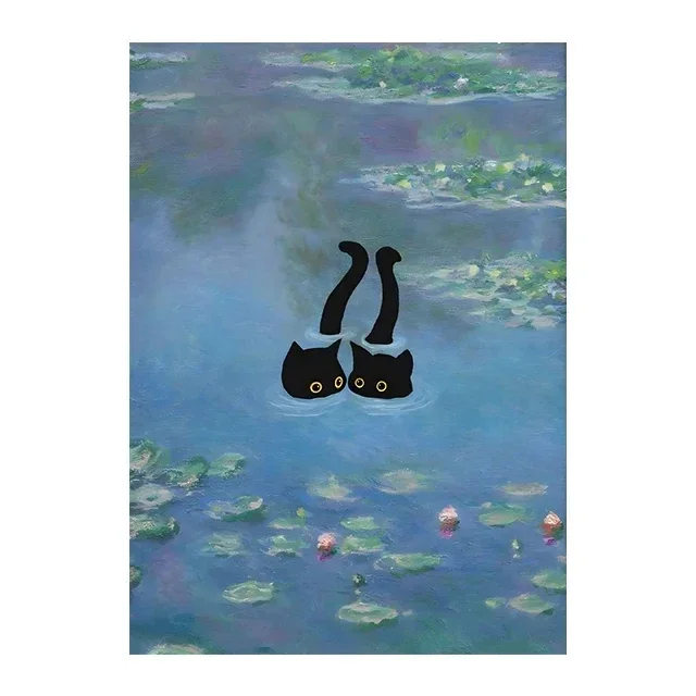Whimsical Starry Night Cat Canvas Art - Colorful Abstract Floral Decor