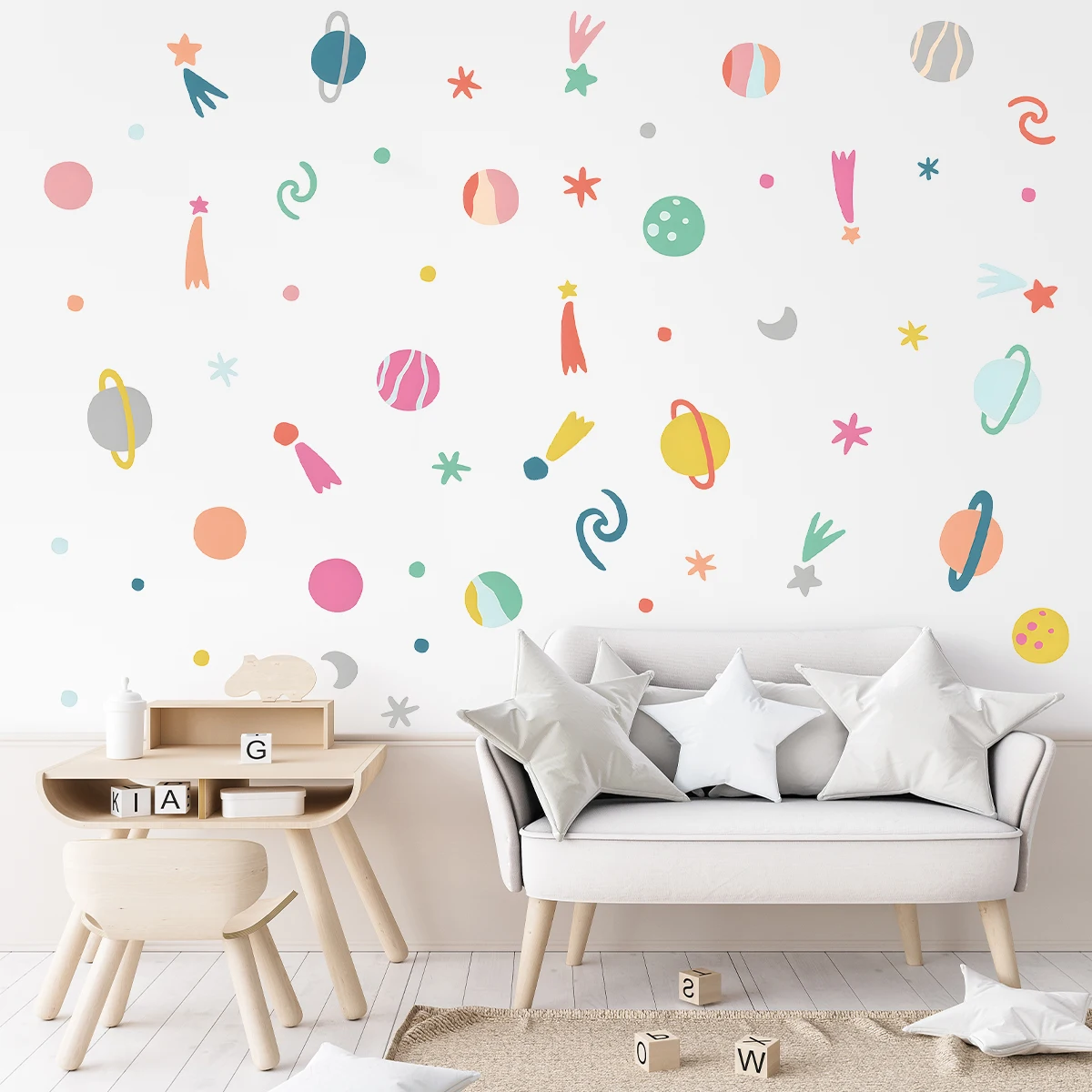 Cartoon Color Rocket Planet Meteor Moon Space Theme Luminous Wall Stickers Vinyl Decal Stickers for Bedroom Living Room Nursery Decoration