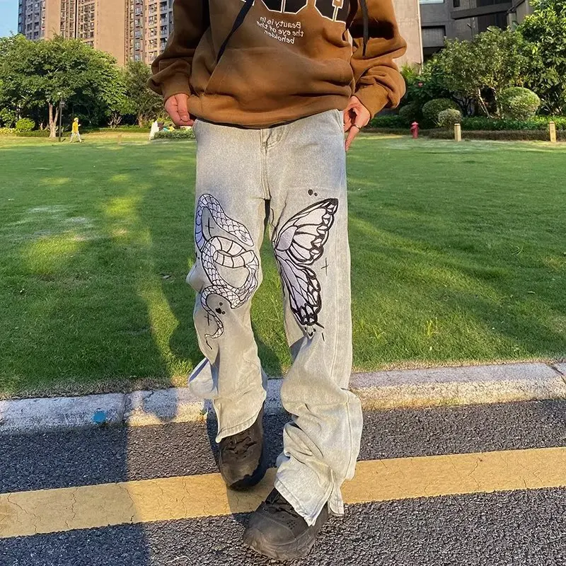 

Y2K Embroidery Wide Leg Jeans Men Straight Washed Harajuku Hip Hop Loose Denim Trousers Streetwear 2023 Spring Casual Jean Pant