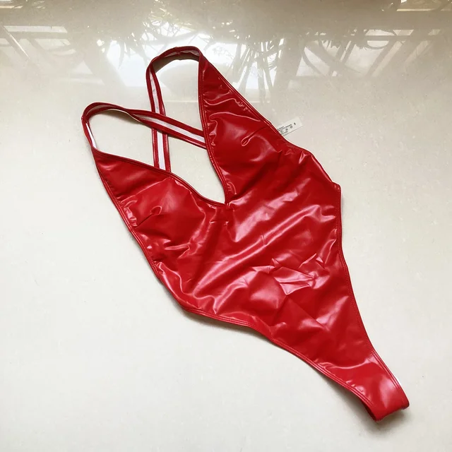 Sexy PU Thong One Piece Swimsuit for Women Push Up High Waisted Bathing Suit Swimwear High Cut Out Monokini Beach Wear Bather 1