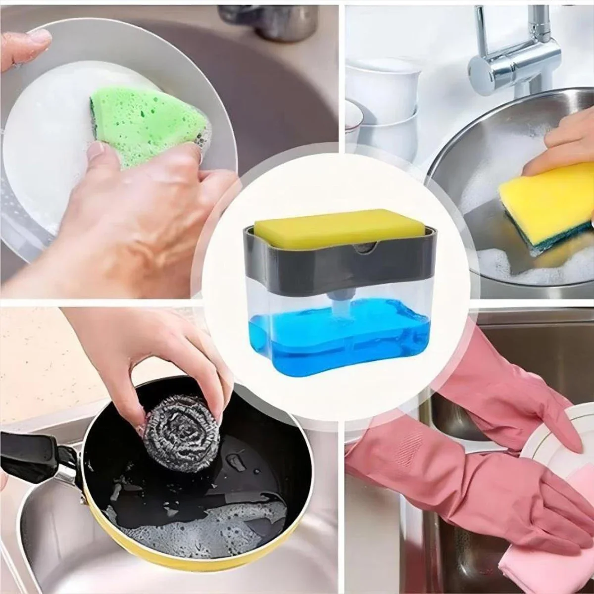 Press Soap Dispenser Box Scrubbing Liquid Container Kitchen Bathroom Automatic Detergent Foam Delivery Box with Sponge Holder