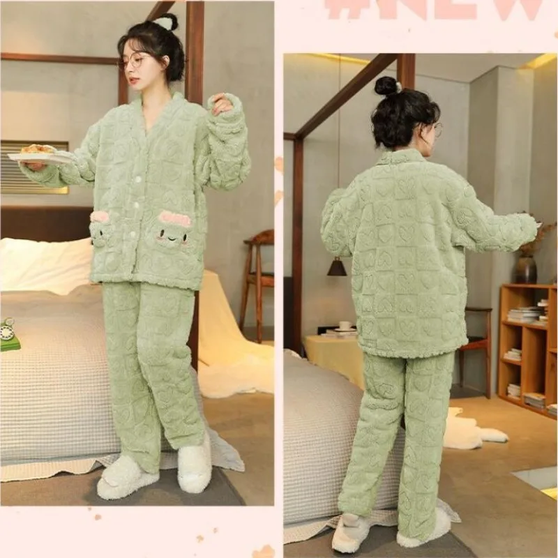 2024 New Coral Velvet Pajamas Women Winter Plus Fleece Thick Sleepwear Leisure Cardigan Sweet Lovely Nightwear Autumn Homewear