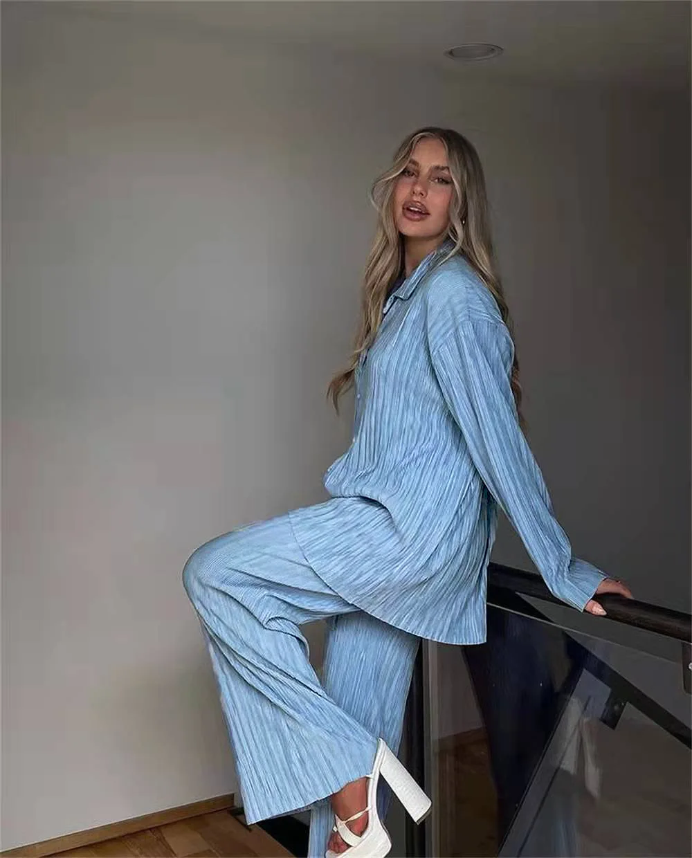 2024 Spring and Autumn Hot European and American Women's Clothing Solid Color Drape Loose Pleated Casual Two-Piece Set Spot Qi