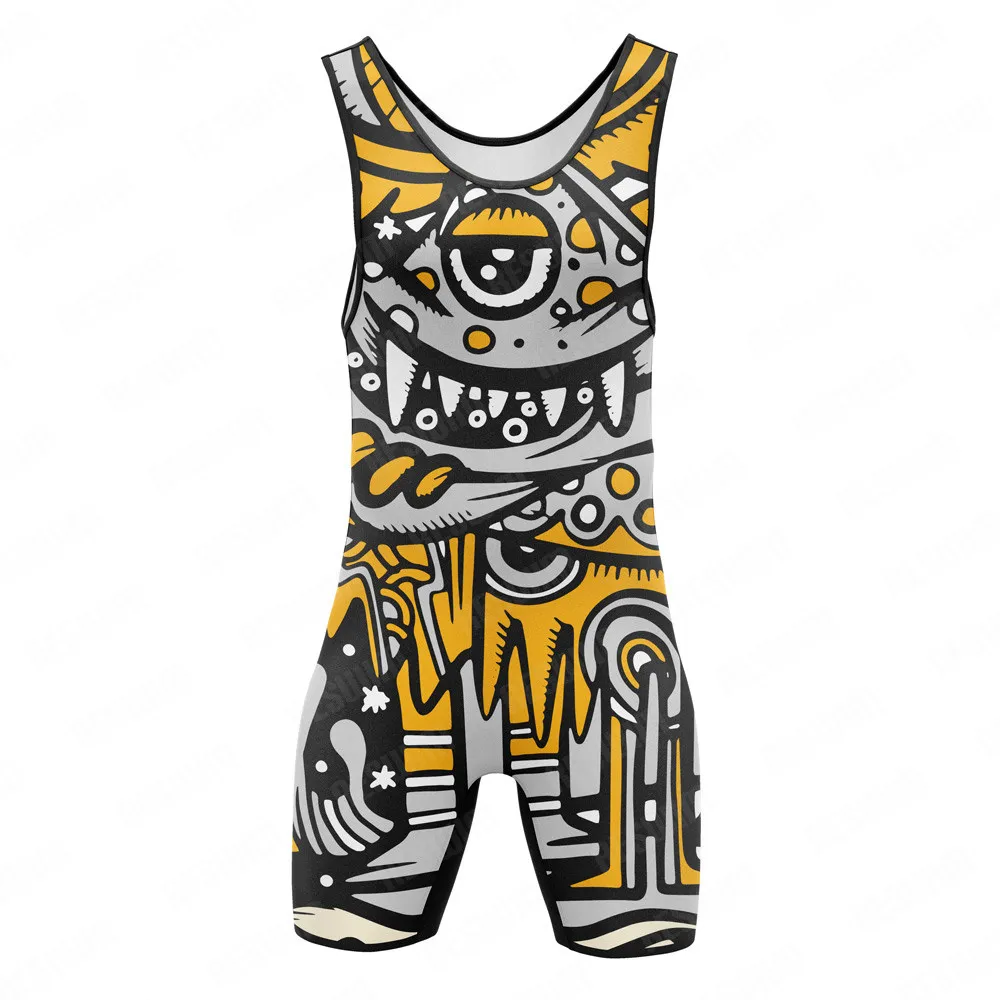 Funny Wrestling Singlet Suit Men's One Piece Bodysuit Fitness Triathlon Coverall Elastic Sleeveless PowerLifting Underwear