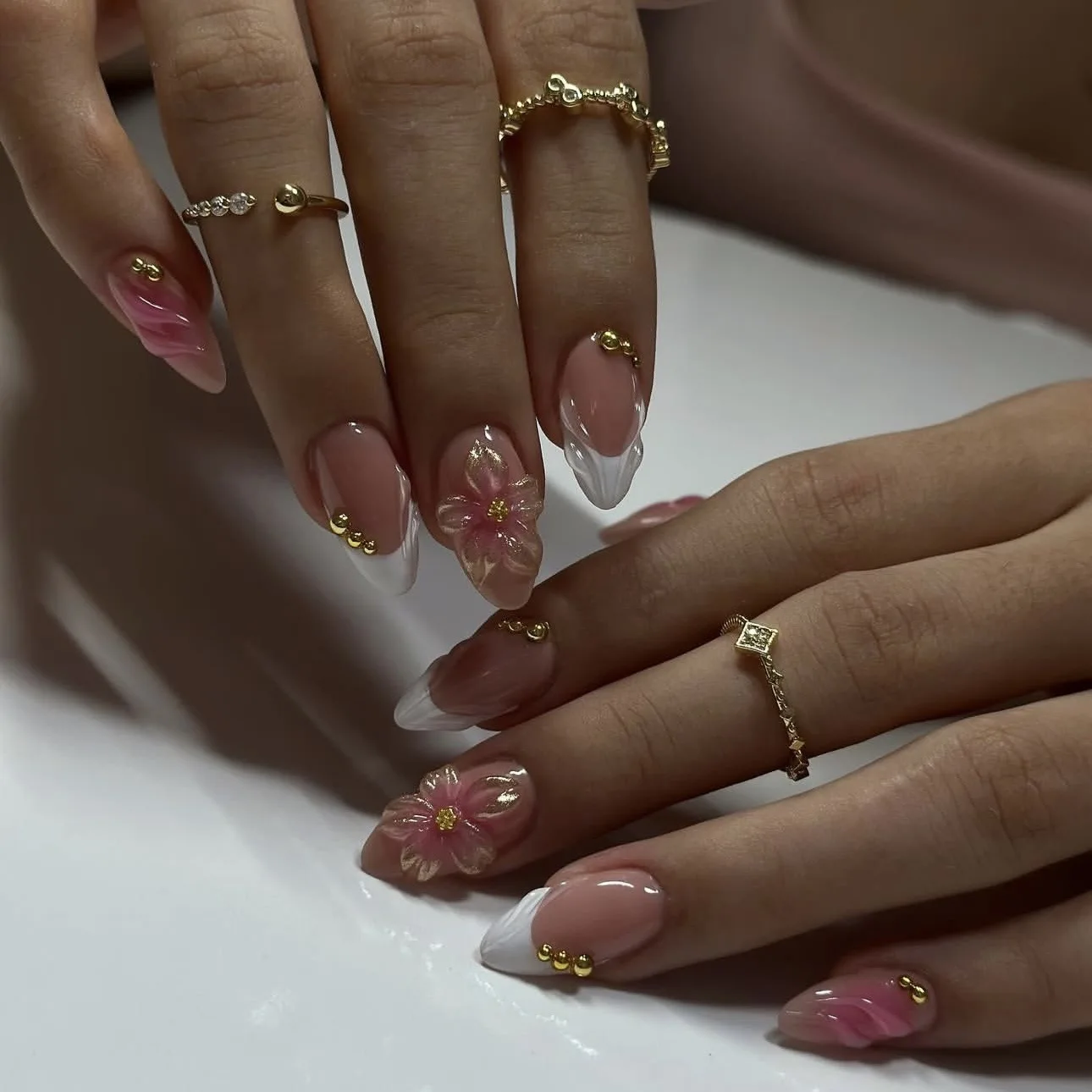 24PCS Pink Almond Press-On Nails with 3D Floral Design and Golden Pearl Accent