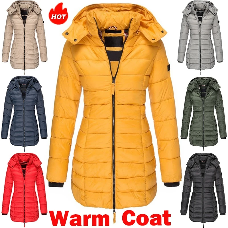 

New women's warm winter jacket solid color down jacket lightweight hooded jacket casual women's long jacket plus size