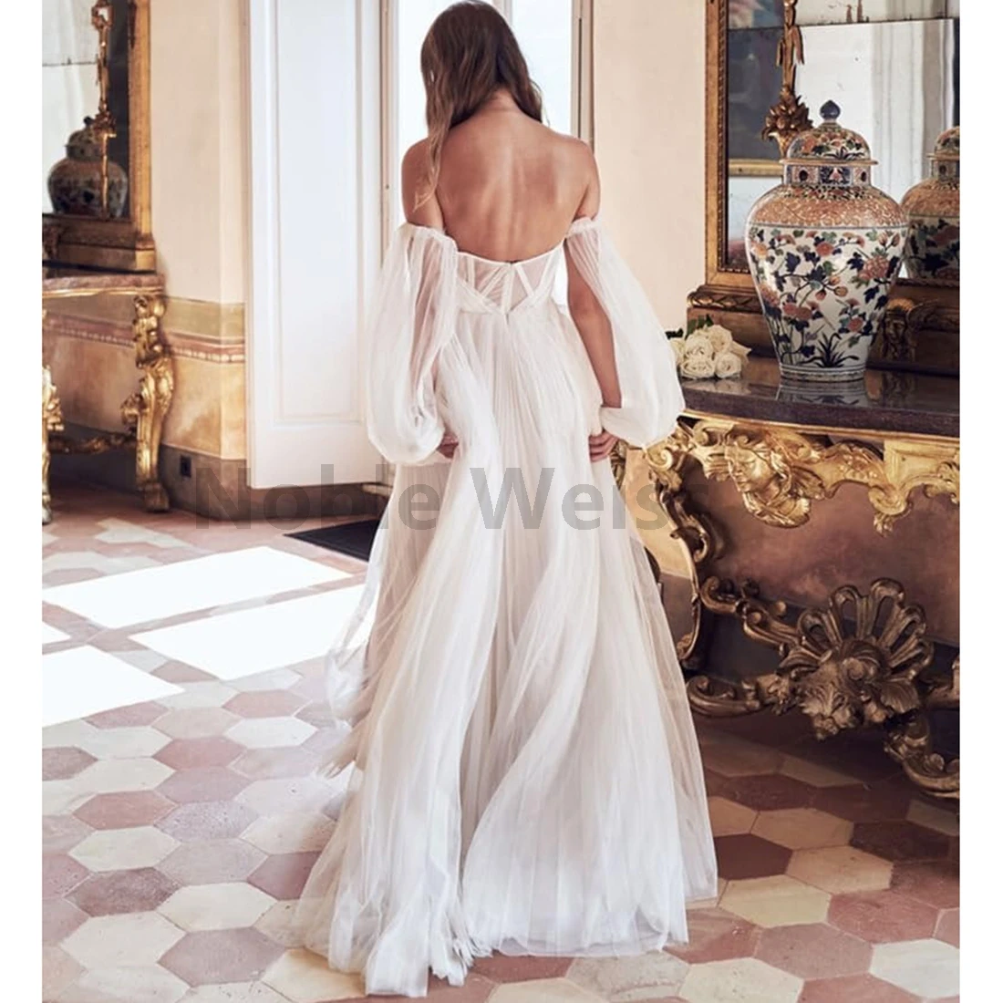 Women's Puffy Long Sleeve Wedding Dresses with Slit Off Shoulder Tulle Wedding Formal Evening Gowns Customized 2