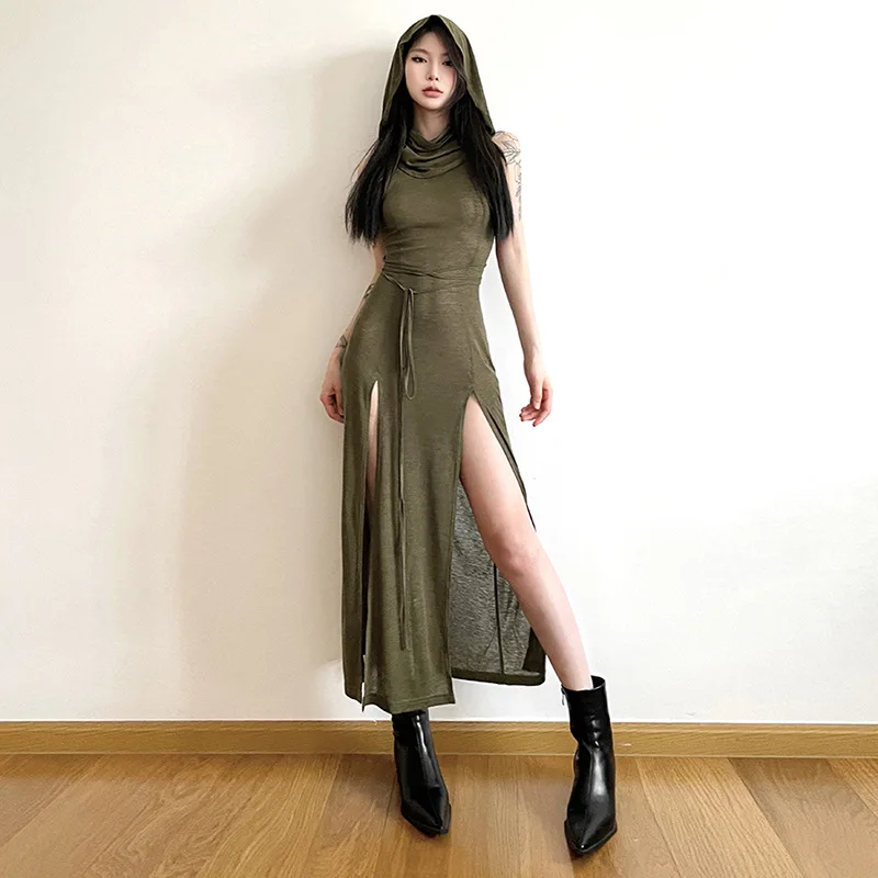 

Gothic Hooded Dresses Y2k Punk Hollow Out Midi Dress Women Sexy Split Side Streetwear Loose Hem Split Personality Elegant Dress