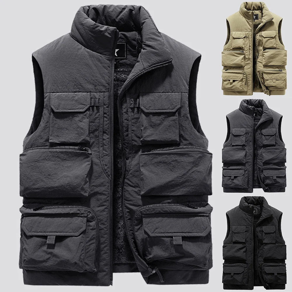 

Men's Vest Coat Winter Sleeveless Jacket Waistcoat Thick Warm Fleece Workwear Tops Cargo Vest Windbreaker Fashion Big Size