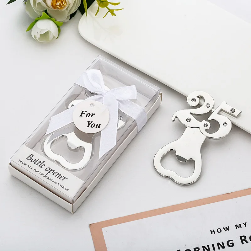 

(25 Pieces/lot) Event and Party gift Silver 25th Wedding Anniversary 25 Design Bottle Opener favors for 25th Wedding celebrating