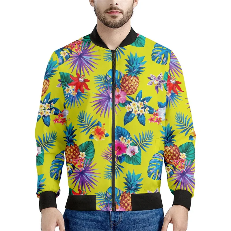 thumbnail image 1 of Nueva chaqueta con cremallera y estampado 3D de flores hawaianas para hombre, sudaderas estilo bombardero con estampado de plantas tropicales, abrigos de manga larga de gran tamaño, 1 of 5
