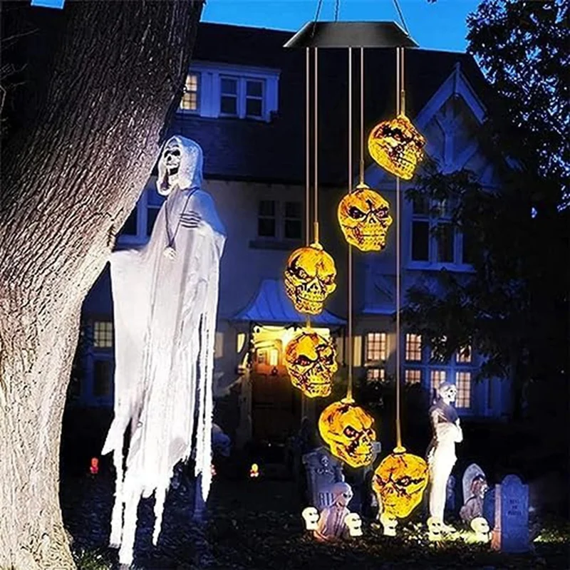 

Halloween Skull Skeleton LED Solar Wind Chimes For Outside For Halloween Outdoor Porch Yard Garden Easy Install Easy To Use