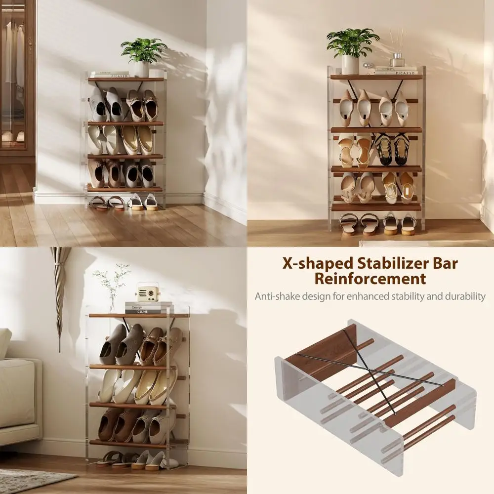 4-Tier Slanted Shoe Rack for Small Spaces: Solid Wood & Acrylic ...