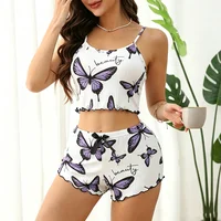 Ensemble pyjama imprimé papillon avec haut caraco à bordure festonnée et short à taille élastique pour femme, vêtements de nuit et de détente 2