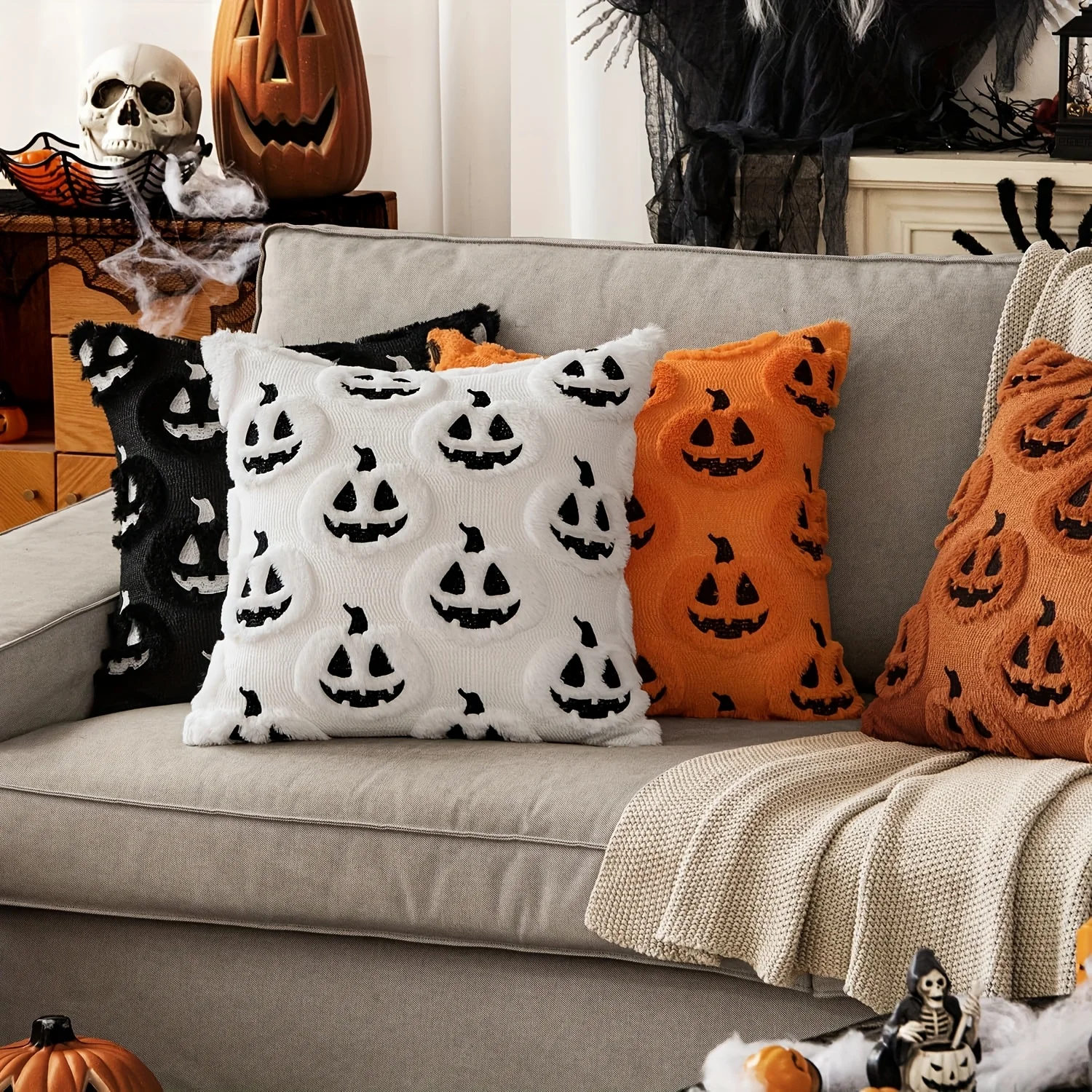 2pcs Soft Plush Halloween Throw Pillow Covers,Pumpkin Decor Cushion Cases with Zipper Closure, Fall Decorations