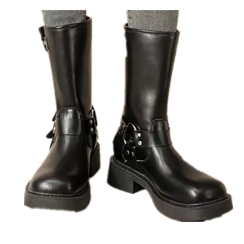 2024 New High Quality Women's Boots Autumn Winter Leather Short Boots Fashion Belt Buckle Shoes Slip on Thick Heels Boots Woman