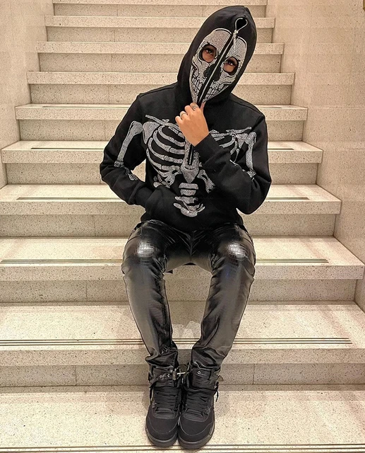 Y2k Jacket Mens Rhinestone Skeleton Sweatshirt Korean Fashion Punk Sport  Coat Pullover skull graphics Goth Long Sleeve Hoodie - AliExpress