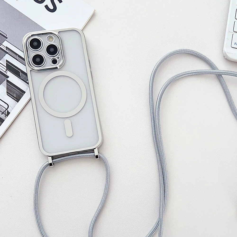 Elegant Magnetic Crossbody Lanyard with Plated Clear Wireless Charging Cover