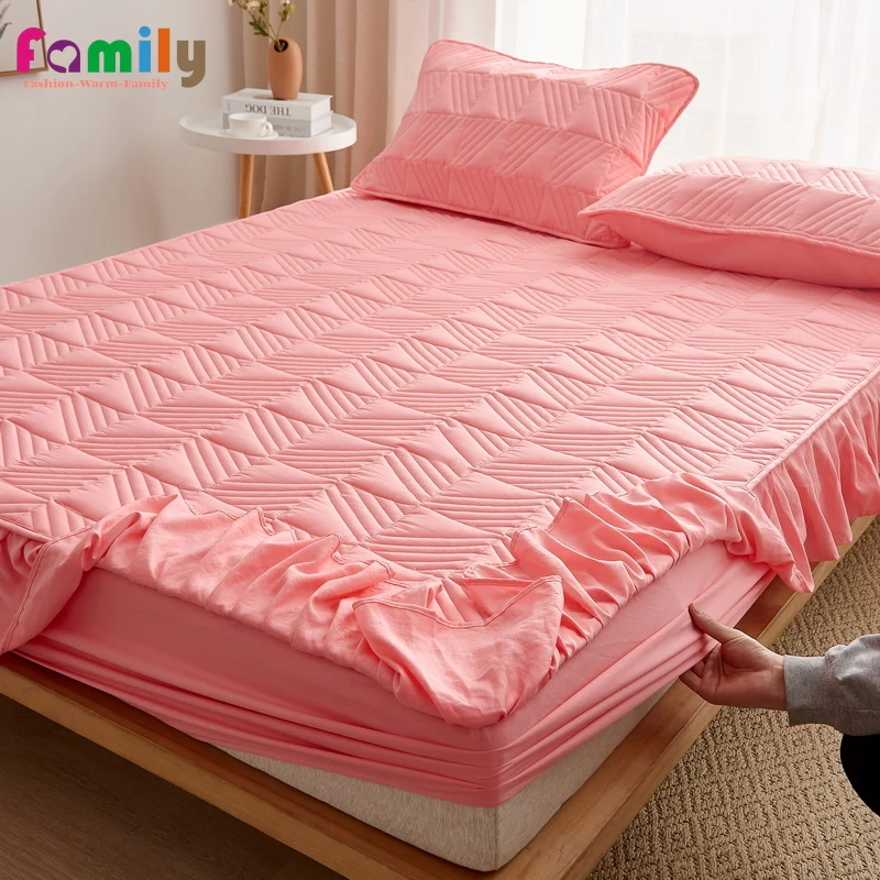 

Princess Bed Skirt Covers Mattress Quilted Soft Soy Fiber King Queen Size Quilting Process Cotton Padded Bed Fitted Sheet Pink