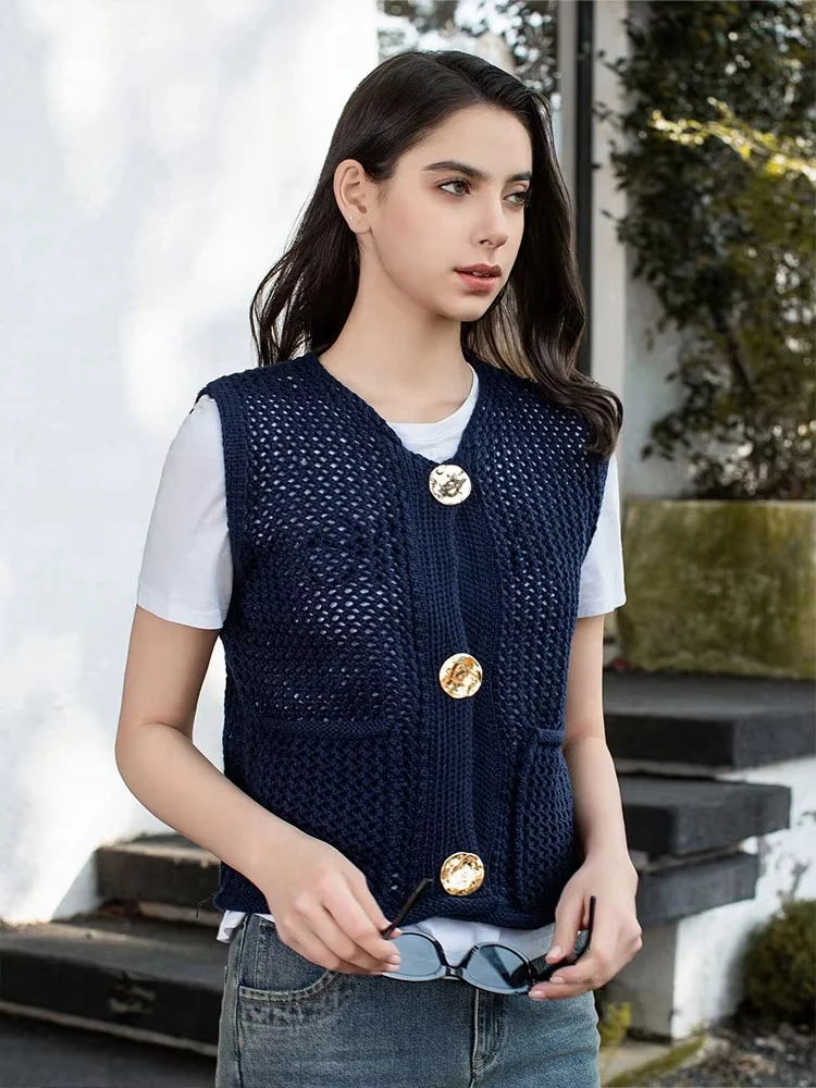 HH Women Elegant Fashion Knitted Vest O Neck Sleeveless Vintage Solid Metal Buttons Sweater With Pockets High Street Crop Top