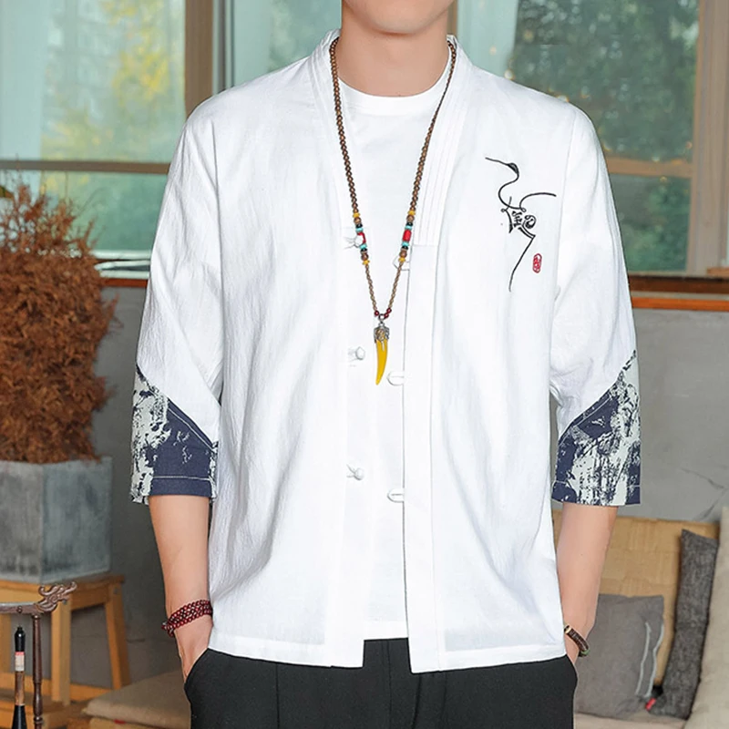 남성용 중국 스타일 리넨 티셔츠, 반팔, 단색 코튼 리넨, 7 점 소매, V넥, 2023 여름 신상