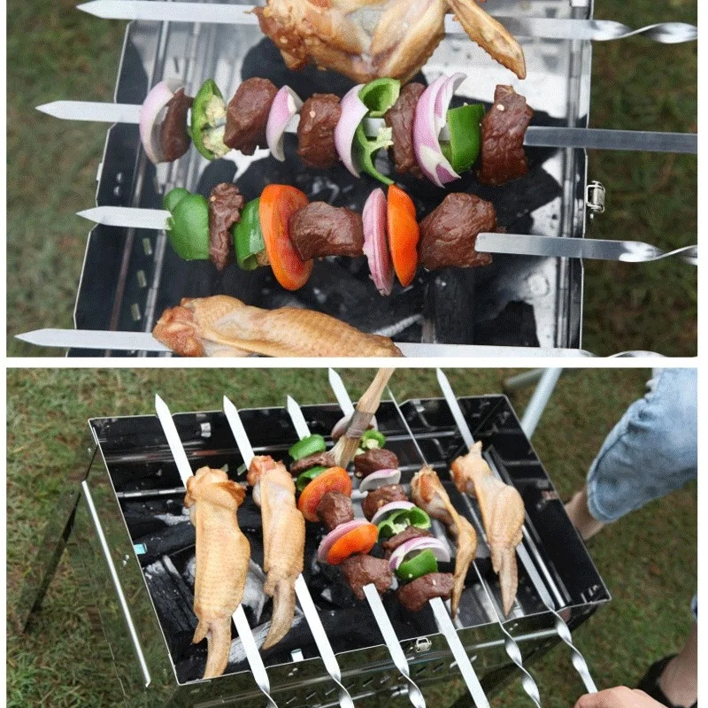 Stainless Steel Barbecue Skewers Long Handle 55cm Wooden Barbecue Handle Large Flat Stick Outdoor Picnic Tools