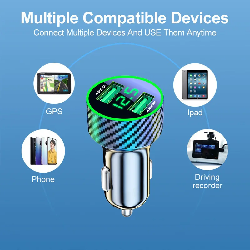 120W 2포트 USB 디지털 실시간 전압 자동차 충전기 QC3.0 자동차 초고속 충전기 휴대폰용 자동차 시가 라이터 어댑터