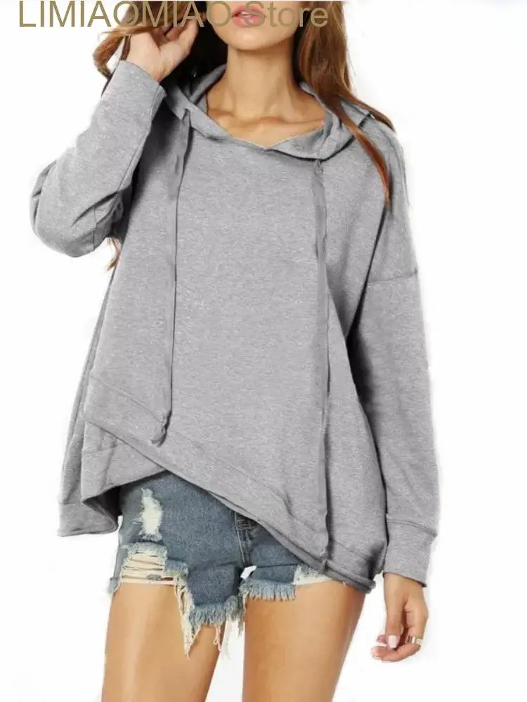 New Clothing Spring Autumn Hooded Sweat-shirts Fashion Solid Color Drawcord Hoodie with Irregular Hem Loose Casual Sweater