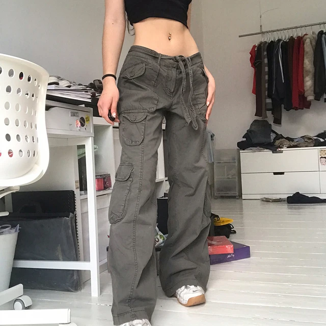 Jeans for Women Women Cargo Pants Loose Low Waist Trousers Wide Leg Baggy  Jeans With Pockets Streetwear Punk Womens Jeans Khaki S