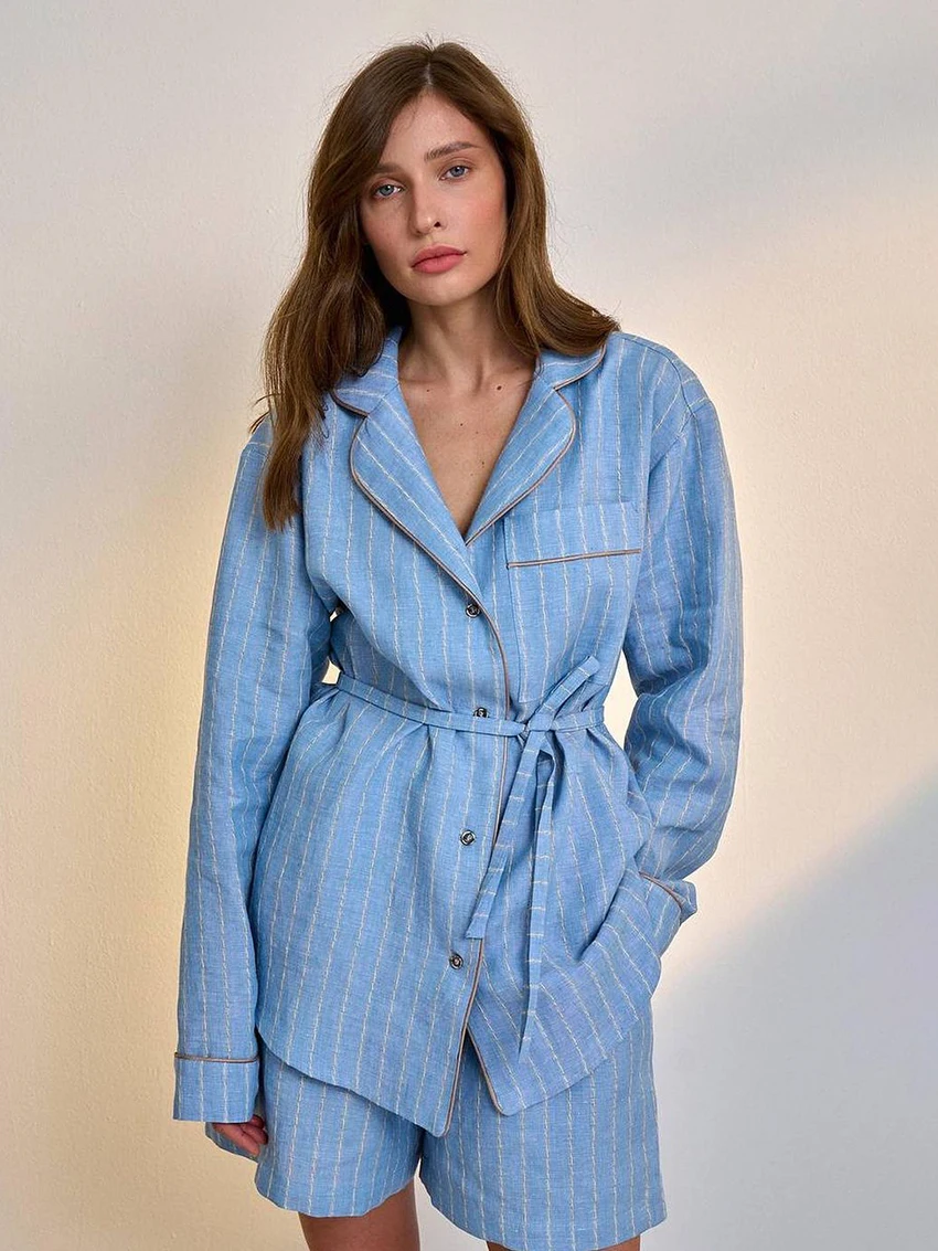 Marthaqiqi New Striped Ladies Pajamas Set Turn-Down Collar Sleepwear Long Sleeve Lace Up Nightgown Shorts Fashion Nightwear Suit