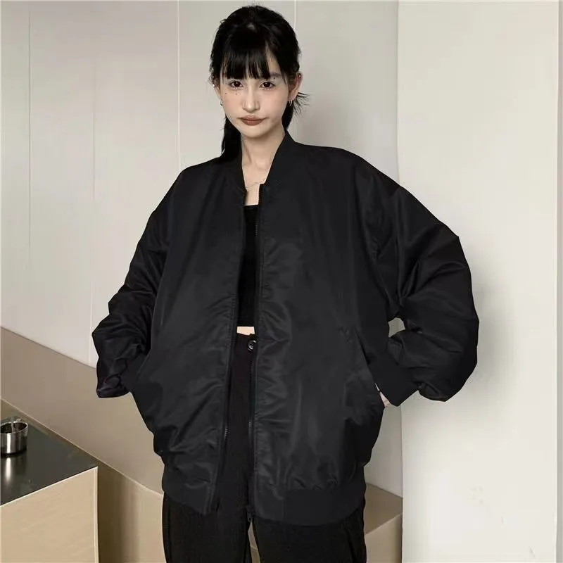 HOUZHOU Vintage Black Bomber Jacket Women Gothic Style Oversize Harajuku Streetwear Baseball Jackets Japanese Y2k Aesthetic Tops