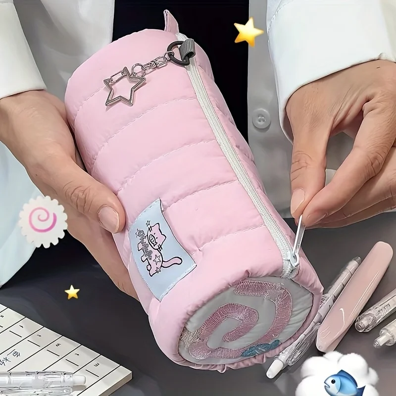 1개의 푹신한 핑크색 고양이 모양의 연필꽂이, 물고기 모양 디자인, 높은 미적 ..
