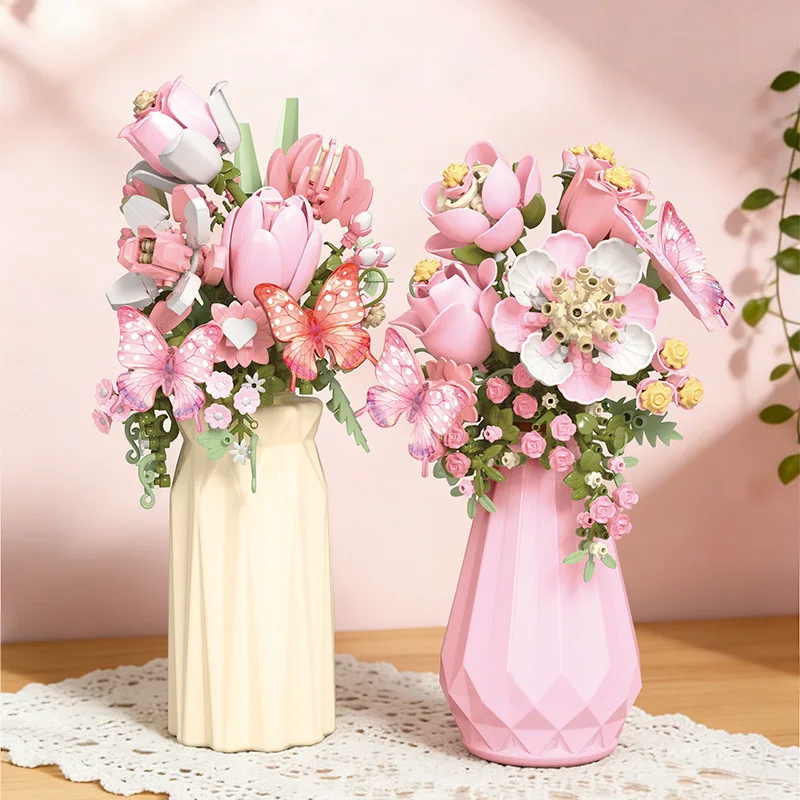 MOC 꽃 꽃다발 빌딩 블록 도시 로맨틱 홈 데스크탑 장식 친구들 브릭 교육용 장난감 모델 소녀 DIY 선물