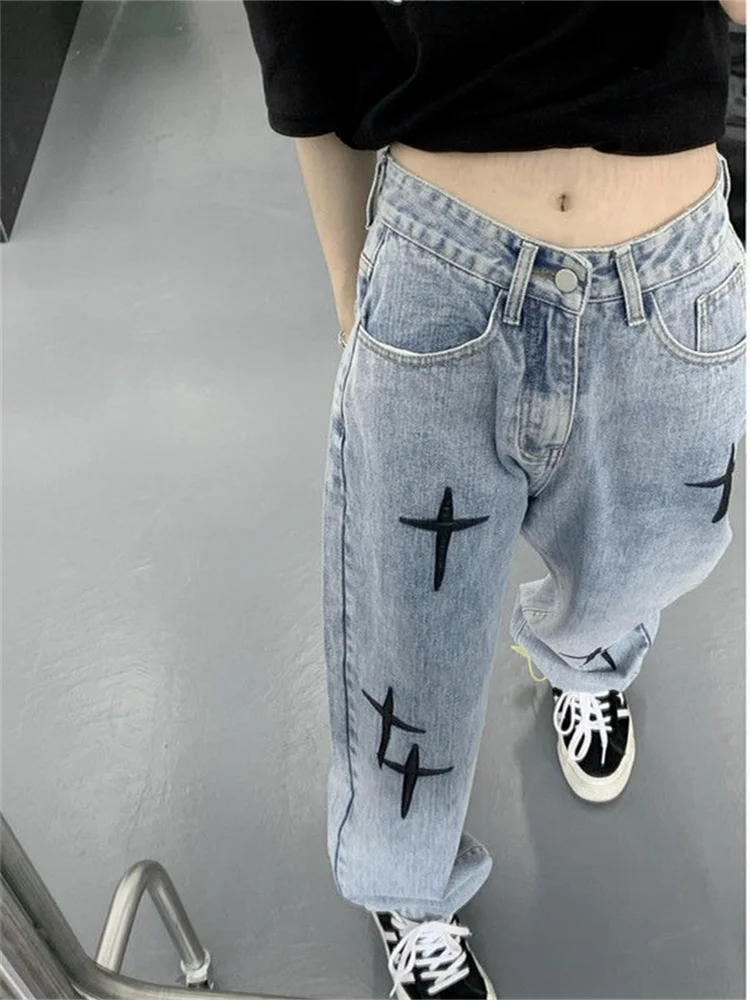 QWEEK Grunge Streetwear Cross Embroidery Wide Leg Jeans Women Hip Hop Retro Harajuku Oversize Autumn Fashion Denim Pants Baggy