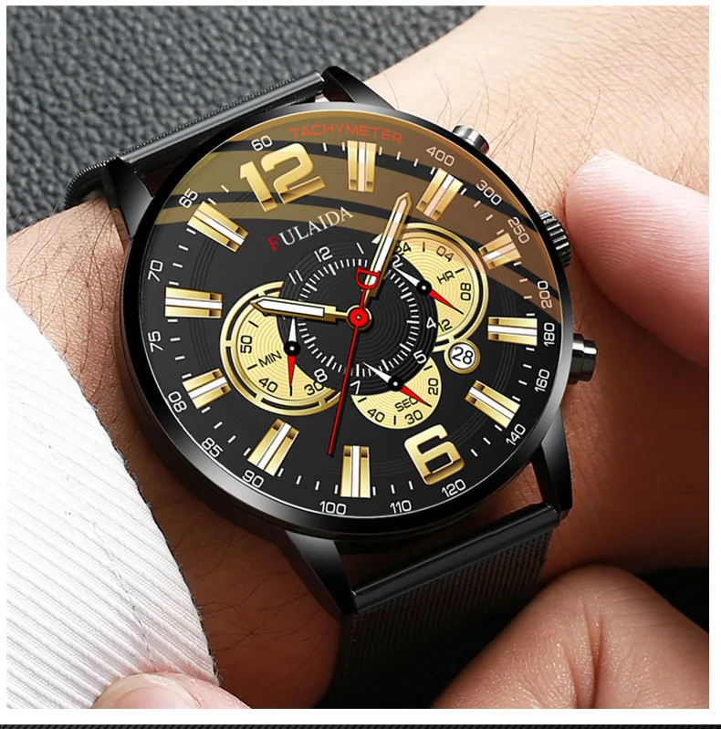 Men's Fashion Business Calendar Watches Luxury Stainless Steel Mesh Belt Analog Quartz Watch Business Luminous Wristwatch Clock