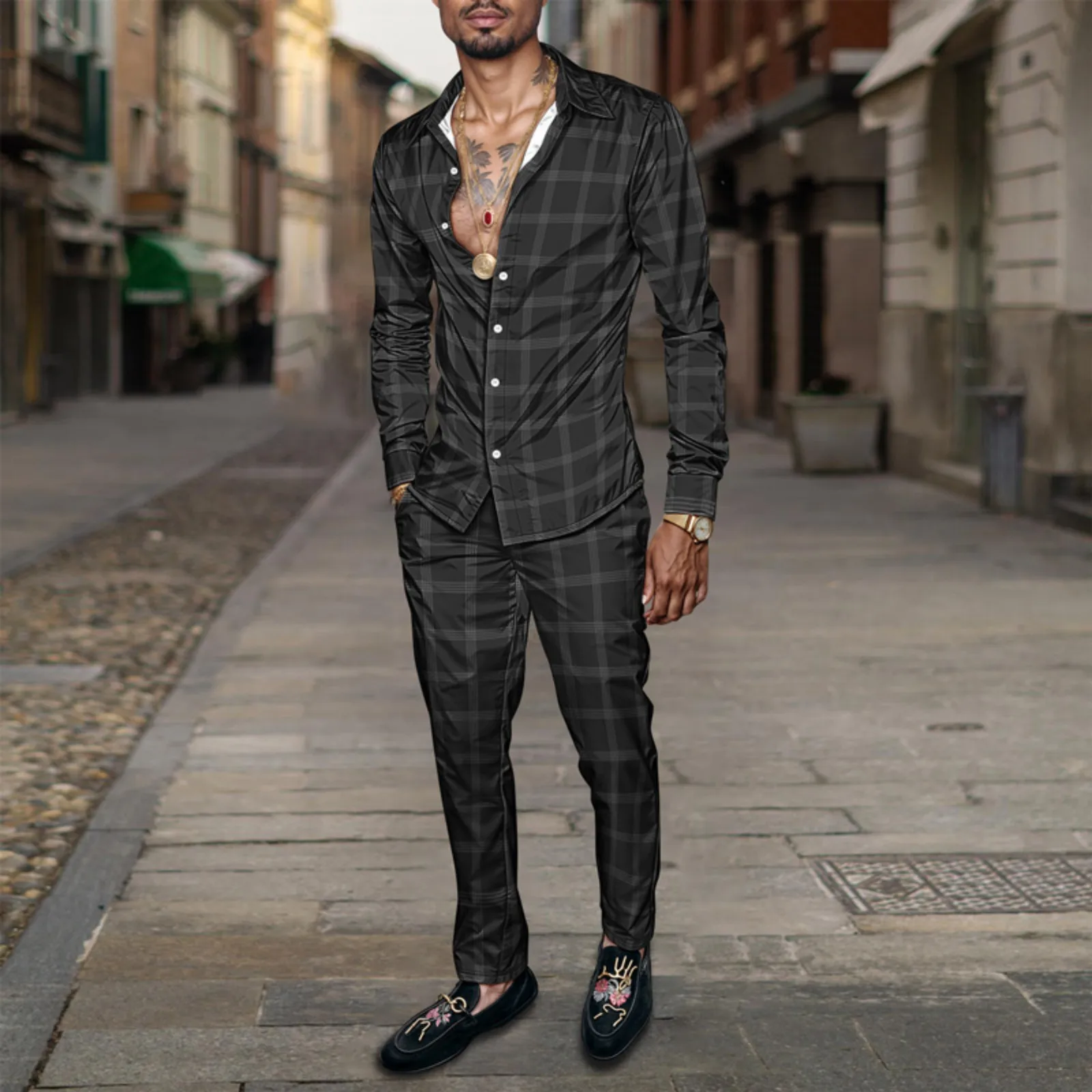 Conjunto de camisa de hombre primavera/verano 2025, estampado de marca, moda, sencillo, de dos piezas, traje de fiesta ligero de lujo para hombre, manga larga, nuevo St_voghion.com