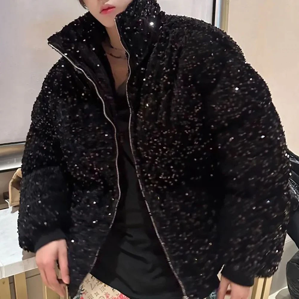 Mens sequin casual jacket genderless 2024 new autumn winter fashion personality street trend youth thickened jacket unisex