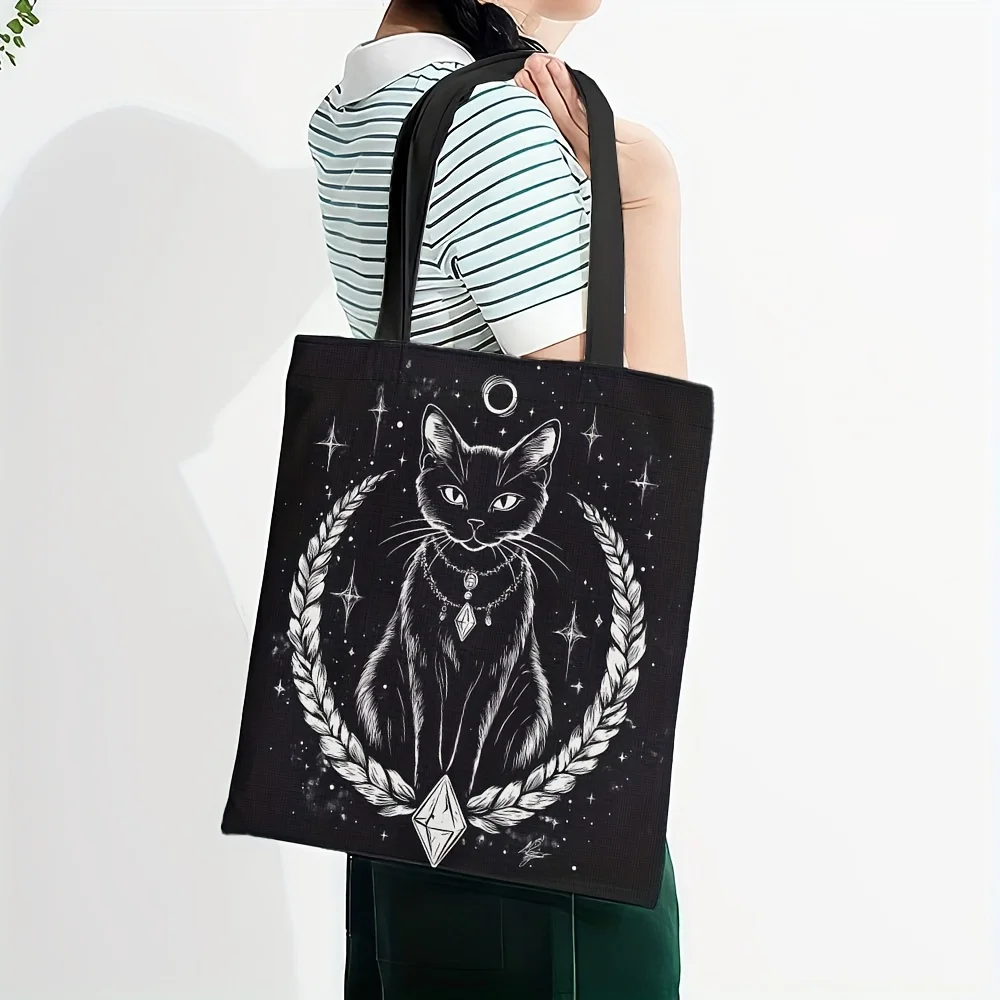 Sac à main cabas élégant chat noir et lune croissant nuit étoilée_voghion.com