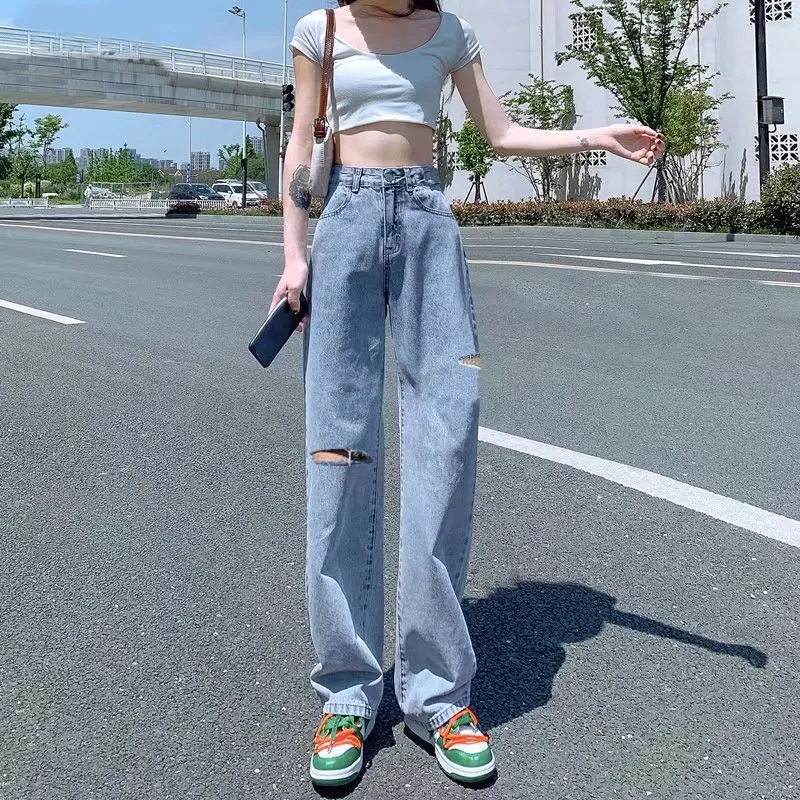 

Women's Jeans Summer Thin Section High Waist Wide Legs Loose Drape Straight Design Sense of Hole Trousers Trend Jeans Y2k Baggy