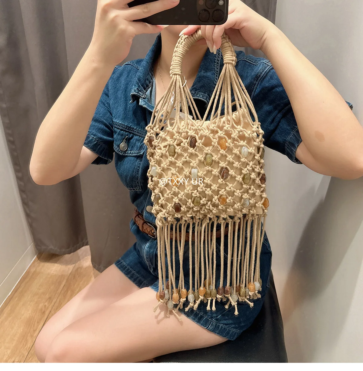 Knitted beads Women's Bag Bead Hollow Fashion Women's Shoulder Bag 2025 New Hot Selling VersatileTote Bag