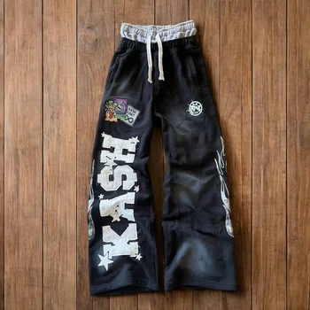 Men's American Y2K Gothic Hip Hop Sweatpants with Letter Patch Retro Double Layer Baggy Elastic Waist Jogging Casual Pants